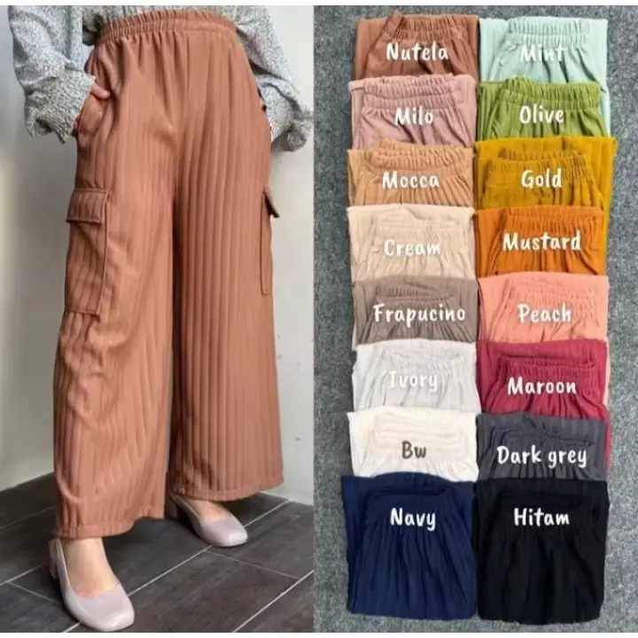kulot cargo jumbo haigwaist loose pants - celana cargo wanita knit premium bb 45-85kg kulot panjang cewek 2024 Cantik Karet Basic Melar