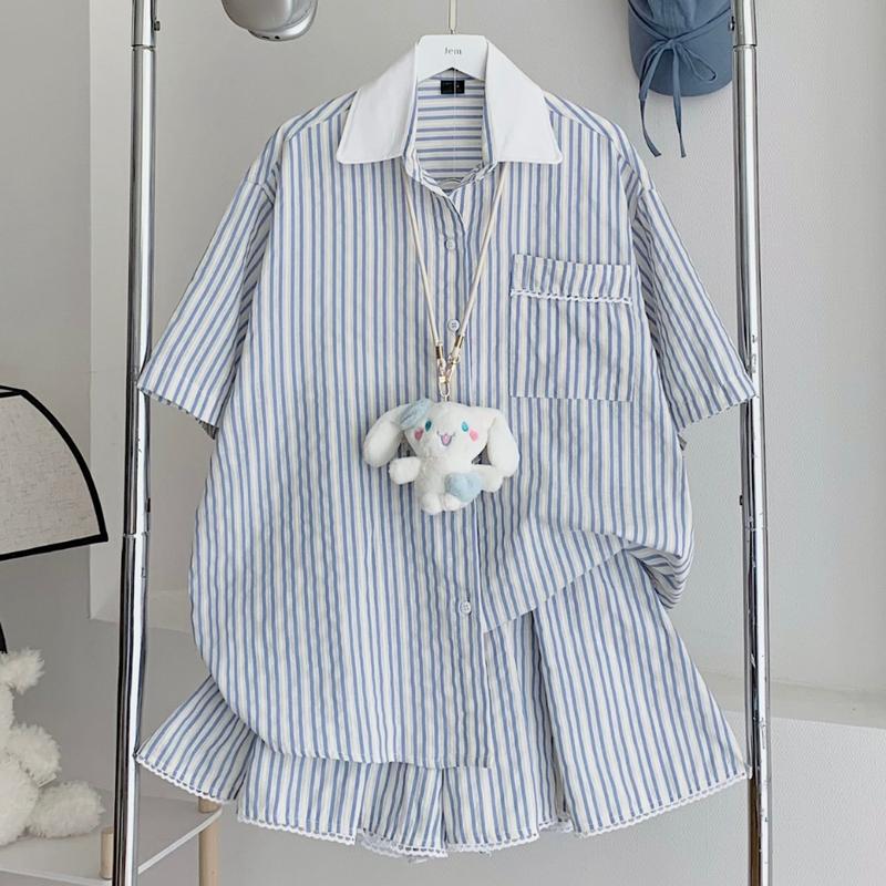 SET BỘ SƠ MI TAY NGẮN QUẦN SHORT SỌC FORM RỘNG CHẤT VẢI BOI SỌC HÀN - GINA - 8194 - JEMCLOSET