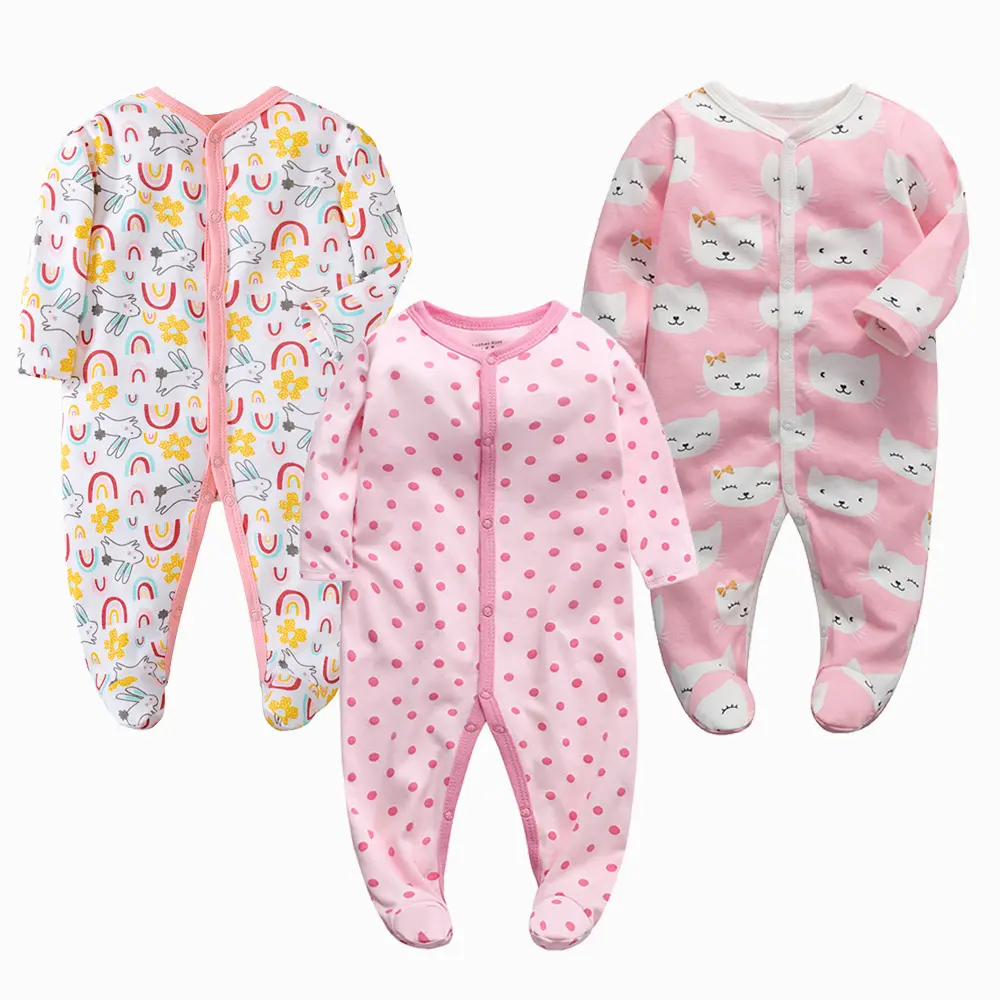 Bayi perempuan yang baru lahir Romper Footies Katun Pakaian Lengan Panjang Piyama bayi