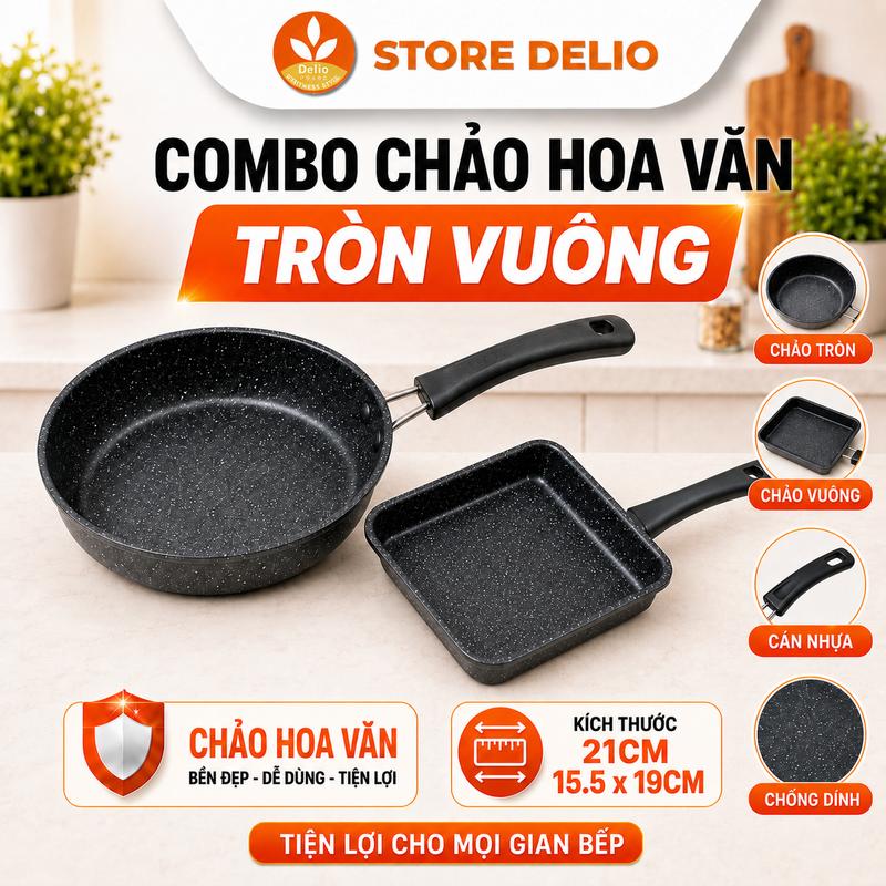 Combo 2 Chảo Hoa Văn Chống Dính Tròn 21cm + Vuông 15.5x19cm, Cán Nhựa Tiện Dụng
