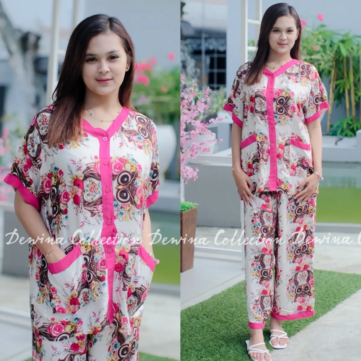 PIYAMA KOMBINASI | PIYAMA RAYON MOTIF | PIYAMA WANITA MODEL TERBARU KOMBINASI STRIP POLOS Setelan