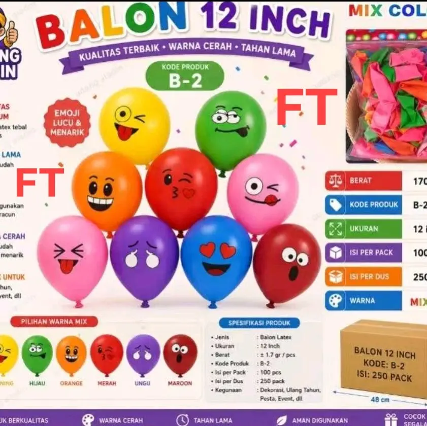 100 Balon Latex Emoji Warna Cerah Ukuran 12 Inchi