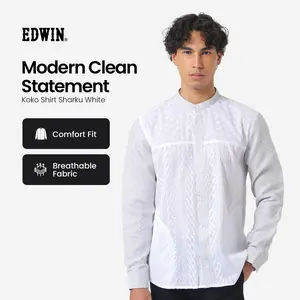 EDWIN JEANS - Kemeja Koko Pria Lengan Panjang SHARKU WHITE GREY Baju Muslim Pria Top Man Muslim Shirt