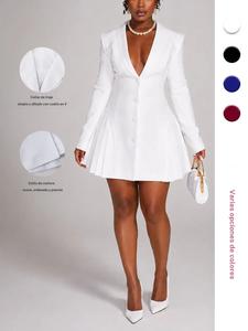 Vestido plisado de cuello en V de color sólido para mujer, vestido casual de manga larga para primavera, ropa de damas para uso diario