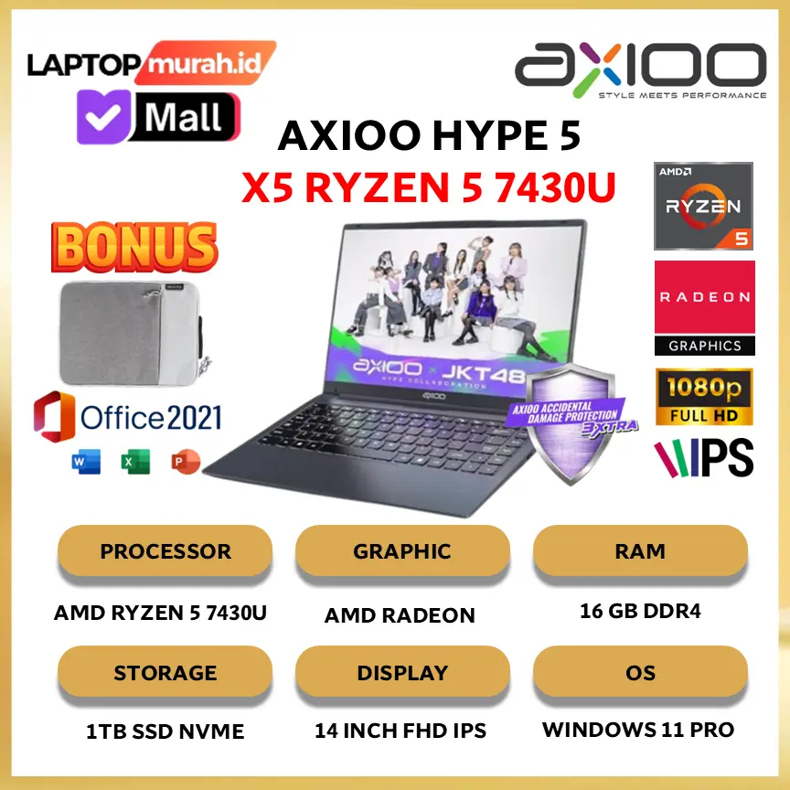Axioo Hype 5 Ryzen 5 7430U 16GB 1TB SSD 14"FHD IPS W11PRO + OFFICE