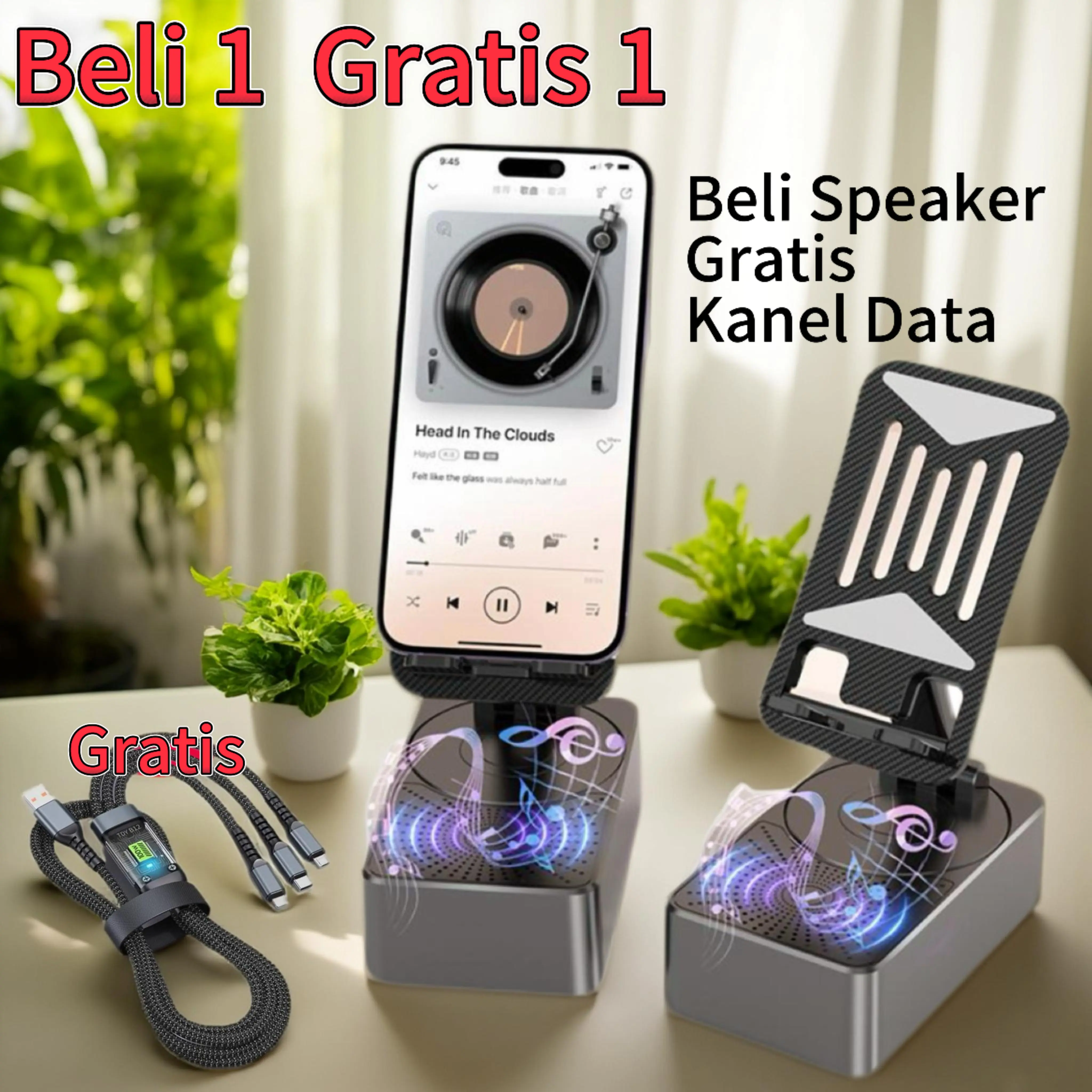 Beli speaker dapat kabel data 3-in-1 gratis  Stand HP Multifungsi 1000mAh dengan Speaker Bluetooth untuk Penggunaan Sehari-hari Suara Jernih Kabel Data Gratis