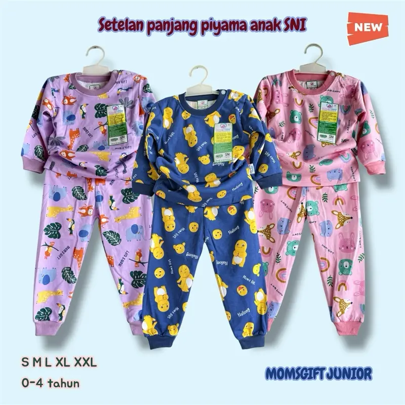 [3stel] Setelan Piyama Panjang Anak Unisex Merk Momgift SNI - Motif Animal, Bahan Cotton Singlenitt Printing Premium - Fashion