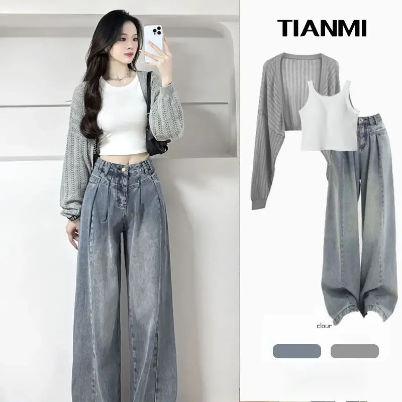 Áo Cardigan Dệt Kim Cho Nữ, Áo Vest, Quần Jean Ống Rộng, Bộ Đồ Ba Mảnh, Mặc Nhẹ Nhàng