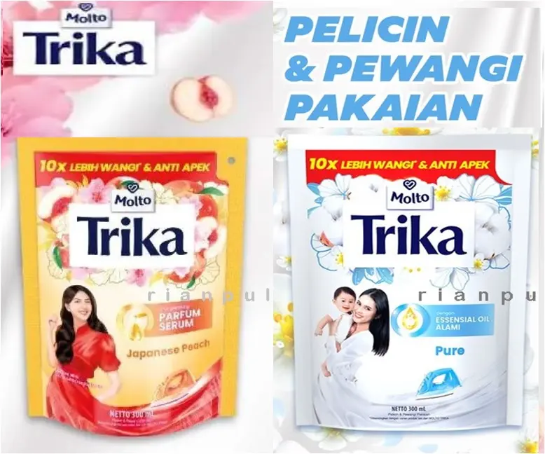 TRIKA PURE MOLTO Pelicin Pakaian Pewangi Setrika Japanese Peach Pelembut Gosokan Anti Apek Kuman Penghilang Bau Baju Celana Sofa Karpet Gorden Jok Pengharum Serbaguna Pouch 300ml Refill