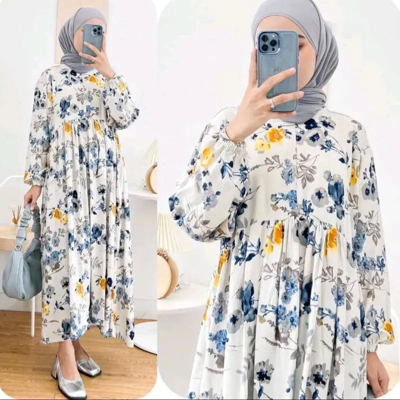 Midi dress motif terbaru gamis homedress kekinian rayon 2