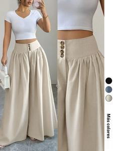 1 pantalón de mujer de cintura alta con bragueta de botones y pierna ancha | pantalón palazzo fluido con cintura fruncida | estilo old money para oficina casual | pantalón de cintura alta con control del abdomen | atuendo boho para vacaciones de verano