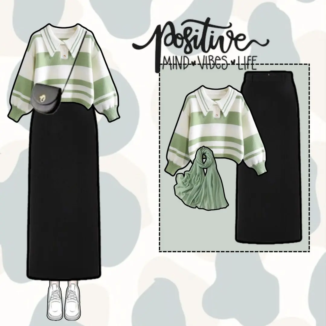 Baju One Set Korean Style | 3in1 Ootd Terbaru |  Atasan Outfit Remaja Kekinian Korea | Setelan Strip Knit Rok Span Jilbab-Nn061
