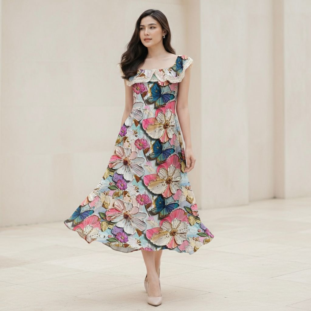 Cinderella Midi Dress Wanita Kekinian Rayon Motif Terbaru