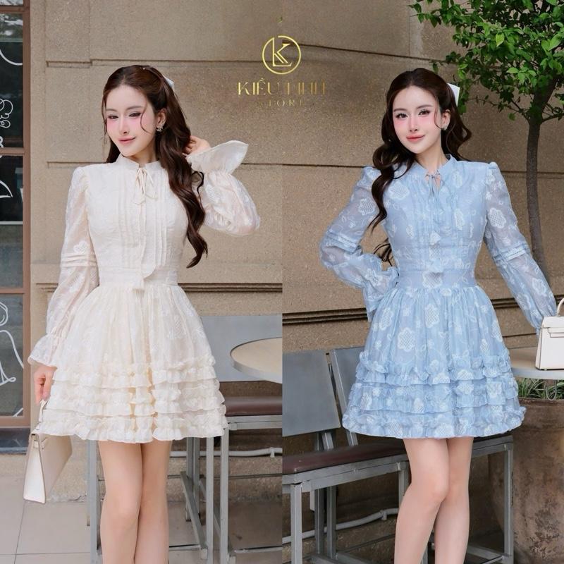 [Kiều Linh]-Váy Dự Tiệc KL589 Thiết Kế Dài Tay Chất Liệu Tơ Thêu Hoa Chân Váy Xếp Tầng 2 Lớp Lót Giấu Đường May Kĩ