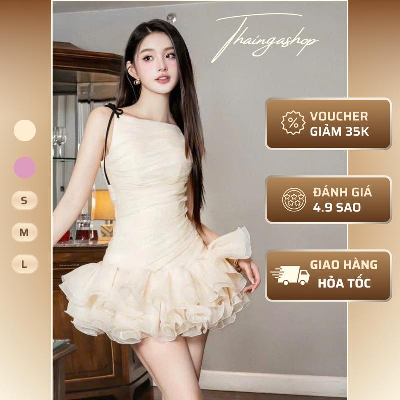 Đầm dự tiệc dáng ngắn chân váy bèo màu nude màu hồng chất voan tơ thắt dây đen Size S M L tiểu thư sang trọng Đầm lệch vai phối voan sang chảnh