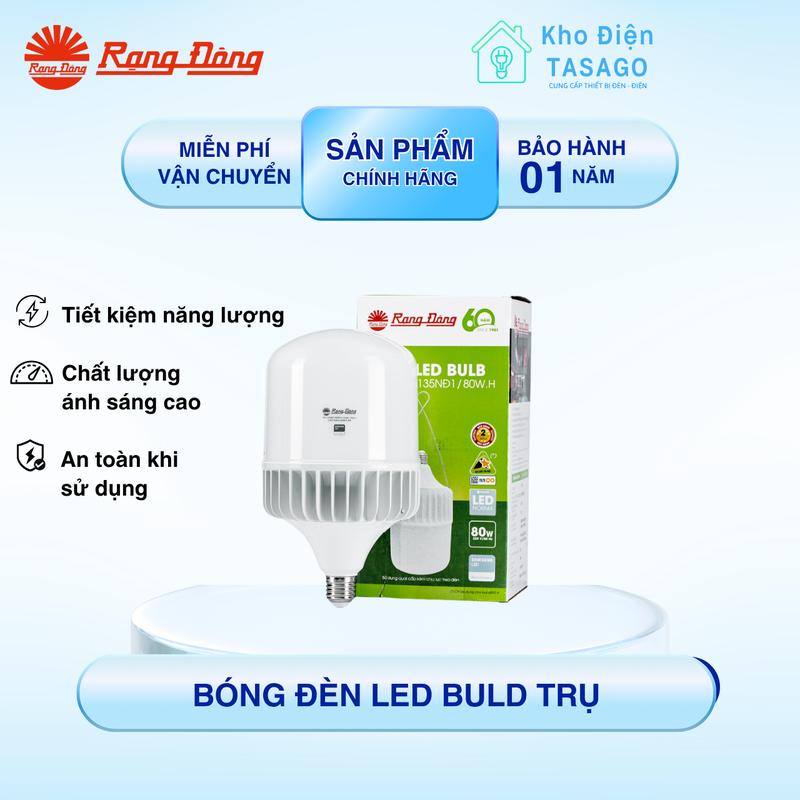 Bóng đèn LED Bulb Trụ Tròn RẠNG ĐÔNG Đui E27 - Ánh Sáng Trắng 3000K 6500K - Công suất 20w 30w 50w 60w 80w - Chip LED Hàn Quốc - Vật liệu nhôm nhựa chịu nhiệt - Tương thích điện áp rộng