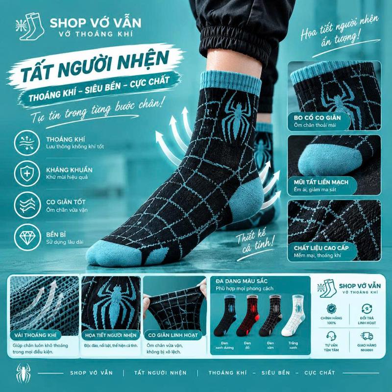 Combo 5 Vớ Cổ Cao Thể Thao Nam Nữ Shop Vớ Vẫn - Họa Tiết Nhện Đa Dạng Màu, Thoáng Khí Chơi Cầu Lông Pickleball Gym