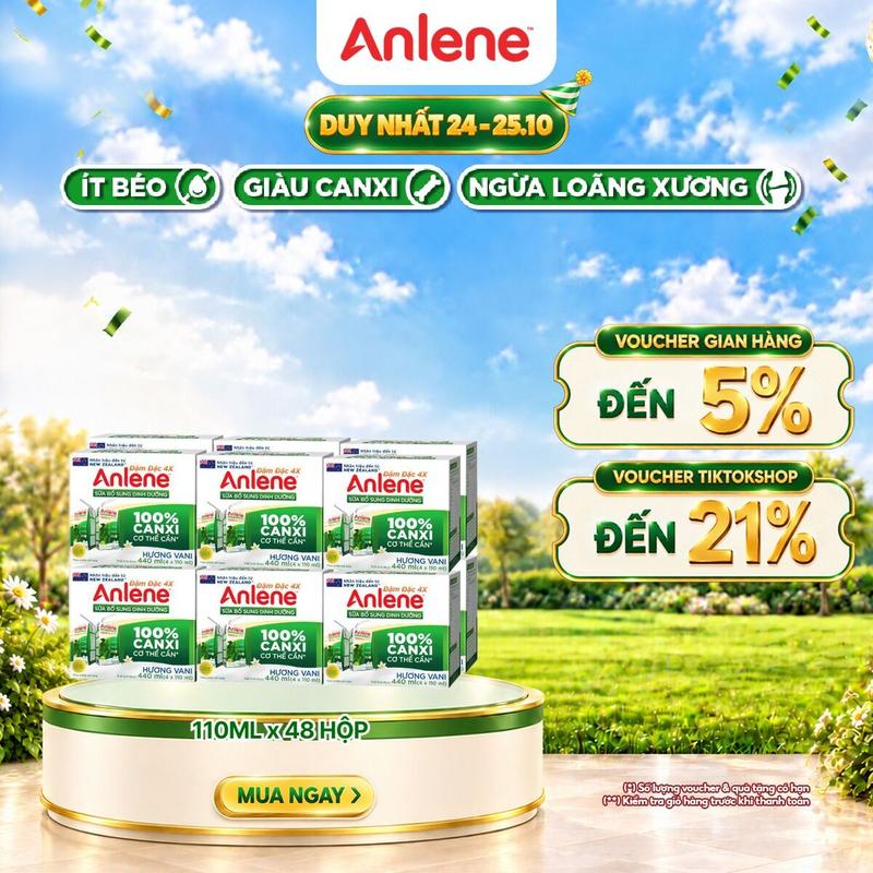 Thùng 48 hộp Anlene Đậm Đặc pha sẵn tiện lợi hương Vani (4 hộp x 110ml) giàu canxi giúp xương chắc khỏe