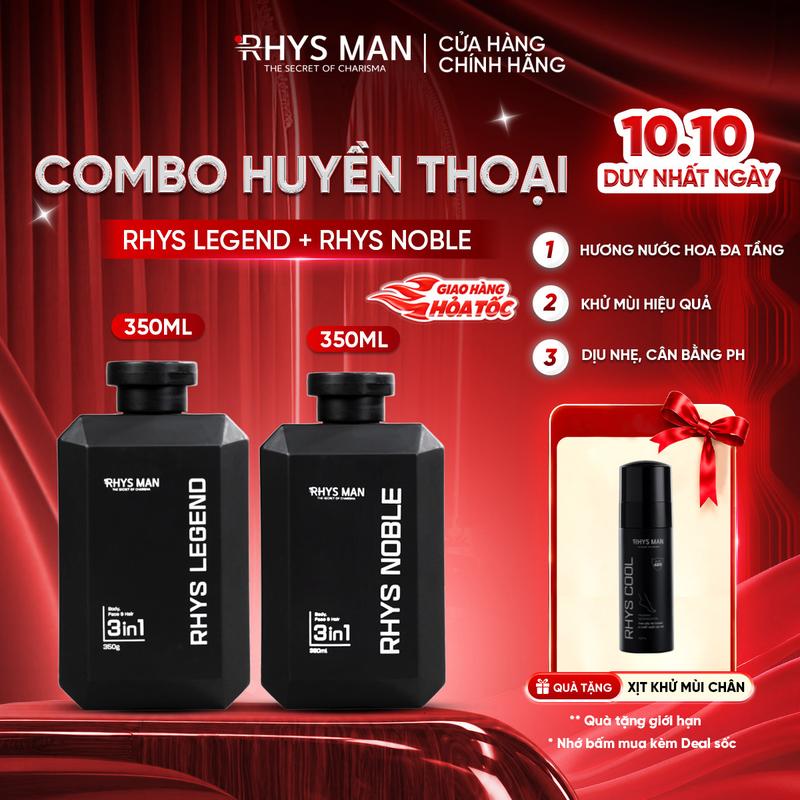 Combo Huyền Thoại 2 chai sữa tắm gội nam lưu hương tinh tế Rhys Man - Sữa Tắm Gội Rhys Legend & Rhys Noble 350ml