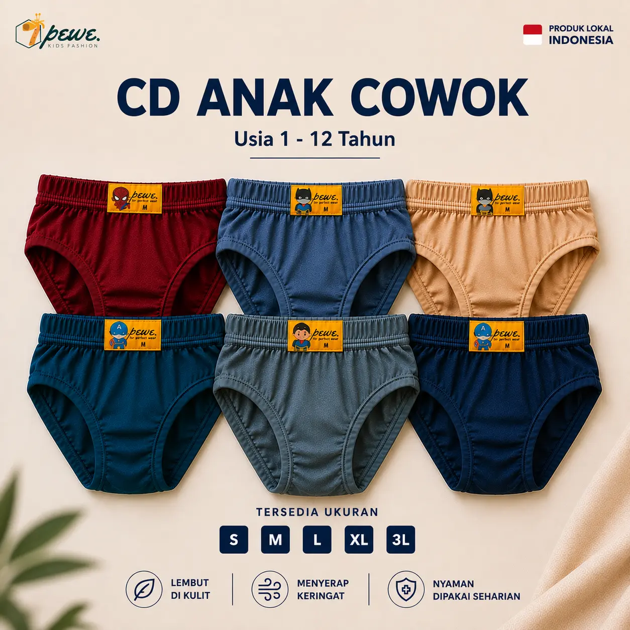 Celana Dalam Anak Laki Laki 6 / 12 Pcs 1-13 Tahun Katun Lembut Adem Tebal Size S M L XL 3L CD Polos Karet Elastis Nyaman Seharian Warna Terang & Gelap