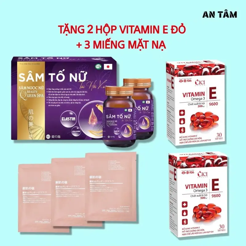 [Mua 1 Được 4] Combo Viên Uống Sâm Tố Nữ Tái Hồi Xuân (Hộp 2 Lọ 60 Viên) + Tặng 1 Hộp Collagen Khiết Hồng Nhan + 1 Hộp Vitamin E Đỏ Omega 3 + Mặt Nạ Cừu 5