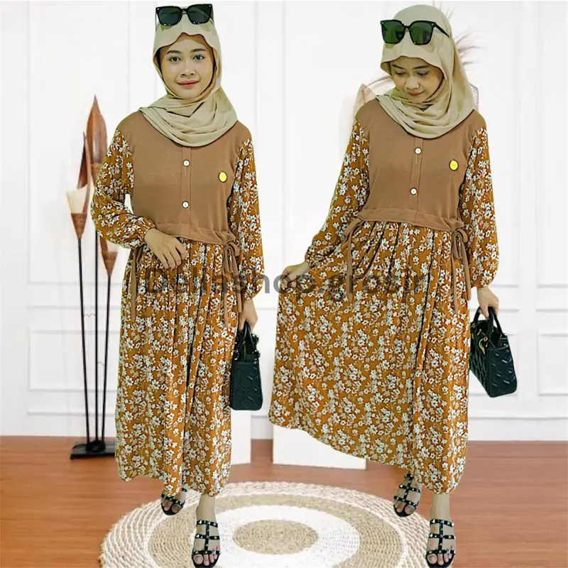 MIDI DRESS MOTIF BUNGA MELATI || BAHAN KNIT KOMBINASI CRINKLE AIRFLOW Muslim Wanita Mewah tunik Nyaman Variasi 1