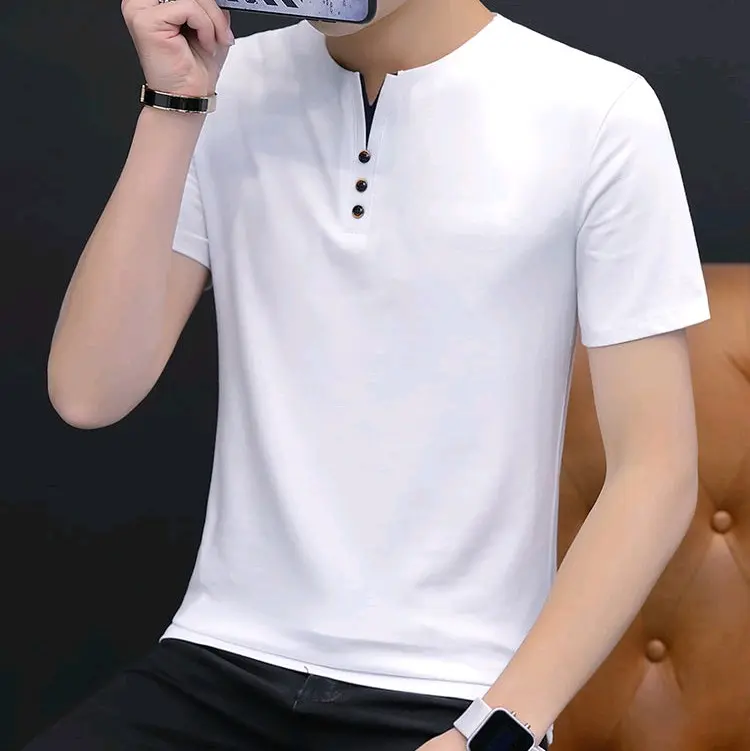 Kaos V-Neck pria Variasi Kancing/Kaos Distro Polos Pria/Baju Pria Keren Abu Combed 3