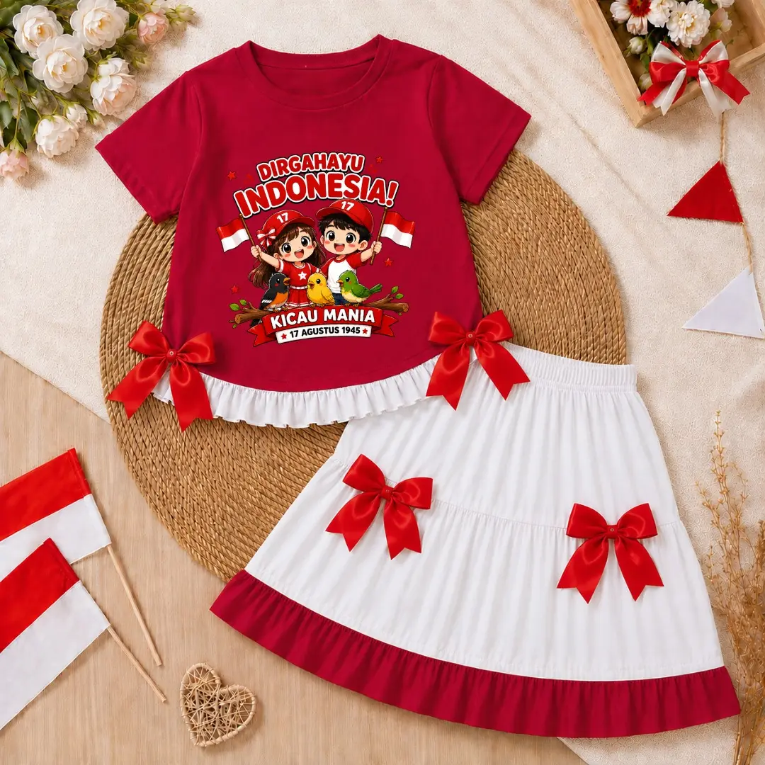 Baju Anak Peremp n - Setelan Anak Peremp n Arteri Spesial Merdeka 17 Agustus K ter DTF Terbaru / Fashion Anak Peremp n Kaos Lengan dan Rok Pendek Edisi HUT RI CP KICAU MANIA, S
