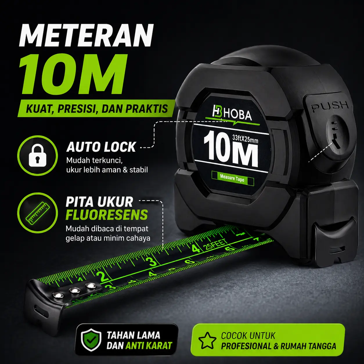 Penggaris fluorescent teknologi hitam 10m penggaris anti karat dengan pita pengukur tebal impor penggaris tahan lama dan praktis
