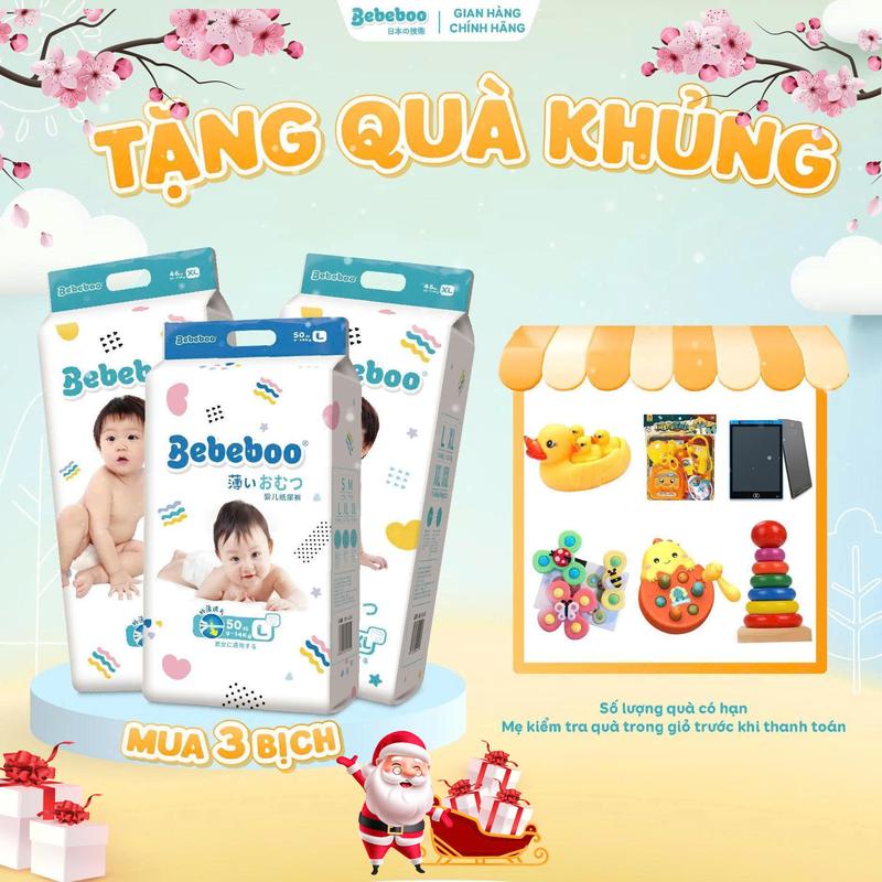   MUA 3 TẶNG 1 QUÀ  COMBO 3 Bịch Tã Bỉm Dán Quần Bebeboo Nhật Bản mềm mịn thấm hút tốt đủ size NB80 S70 M60 L50 quà xinh cho bé 