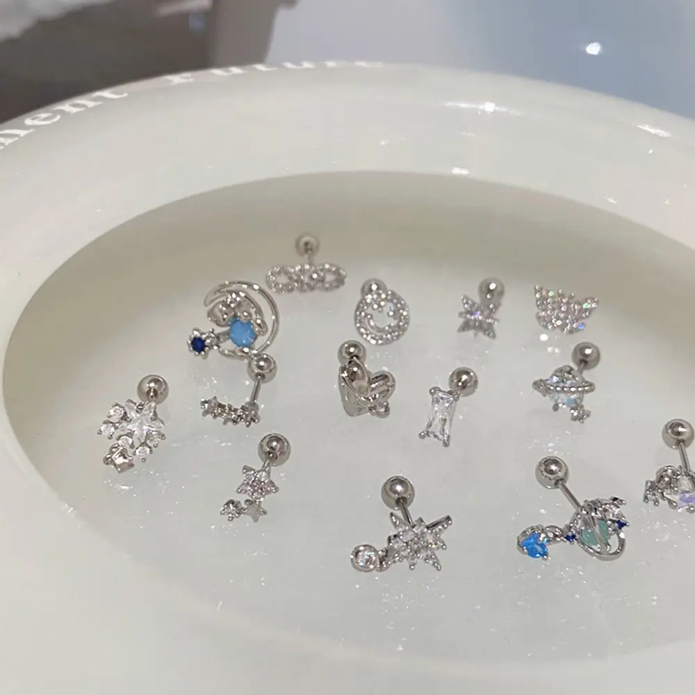 Bông tai pha lêS925 Màu bạc , ánh sao nhỏ, bướm, gấu, mát mẻ, Xanh Biển