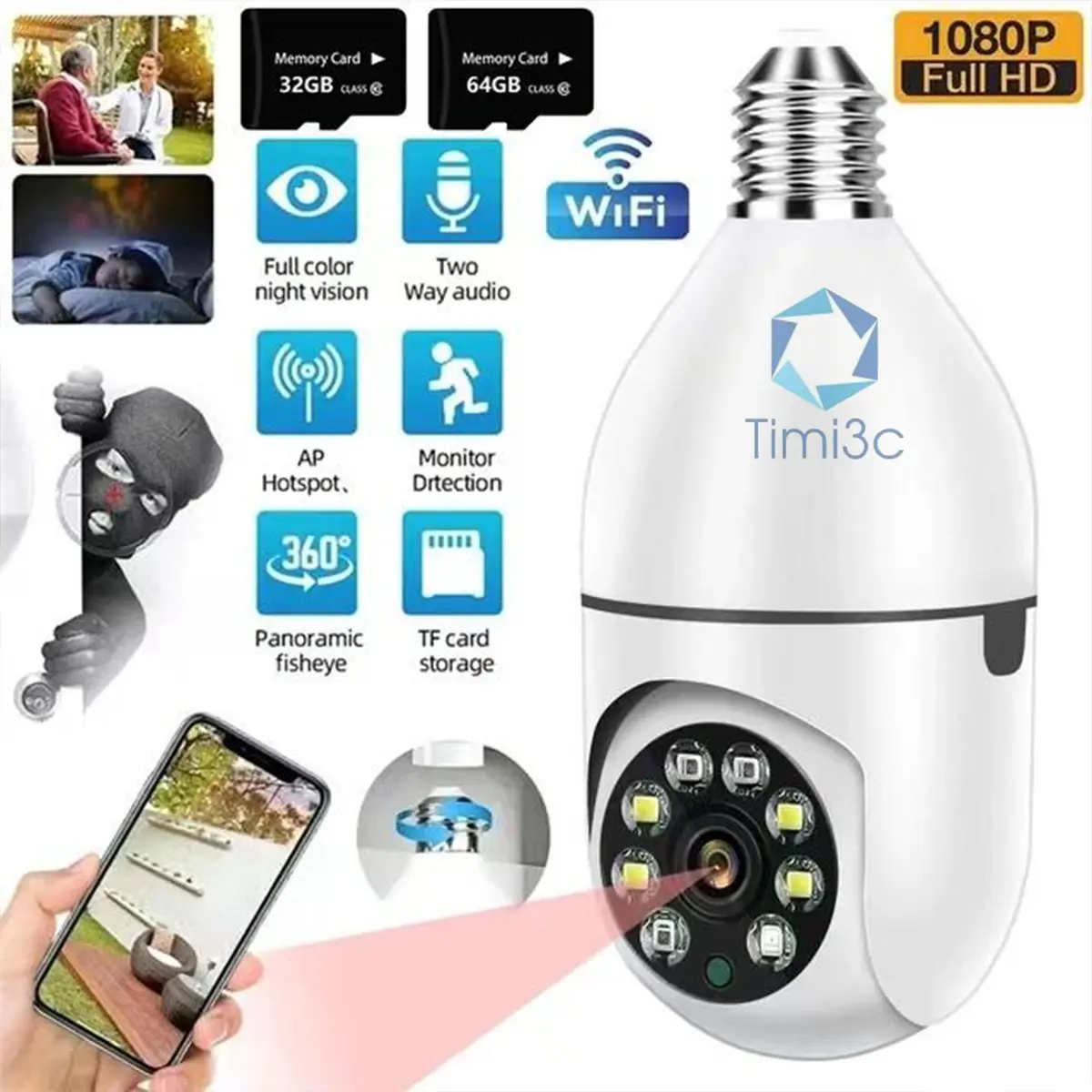 Kamera Pengawasan Tanpa Wayar TIMI3C Bulb WiFi 360 Darjah Malam Pemantauan Automatik Monitor Keselamatan Video Panorama Rumah Kamera Camera Cctv lampu  cctv Wireless