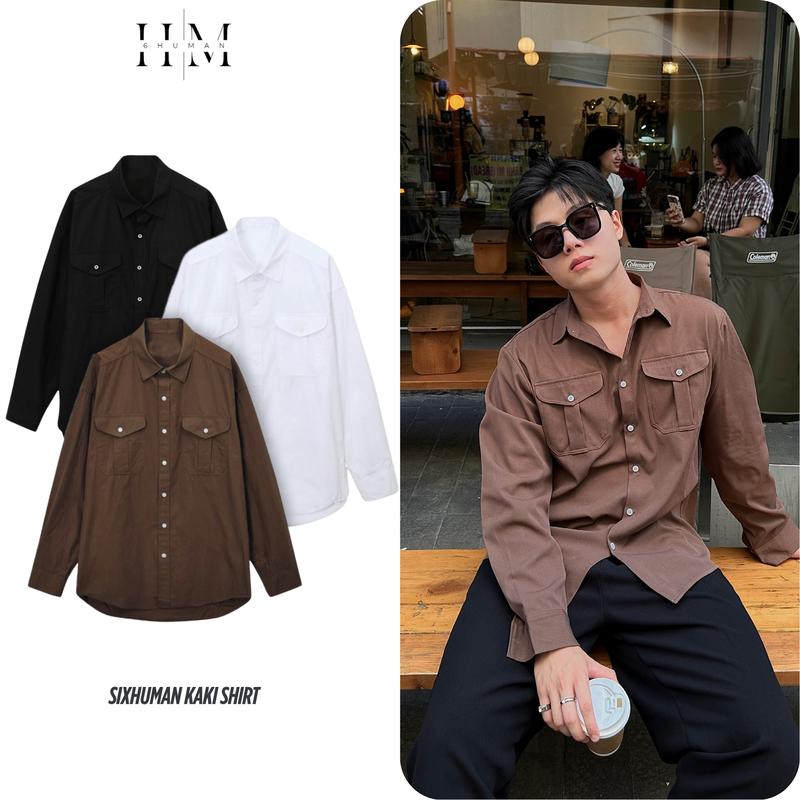 Áo Sơ Mi Kaki Túi Hộp Cổ Đức Form Regular Nam Nữ Unisex Màu Nâu Đen Trắng Phong Cách SIXHUMAN HMA059