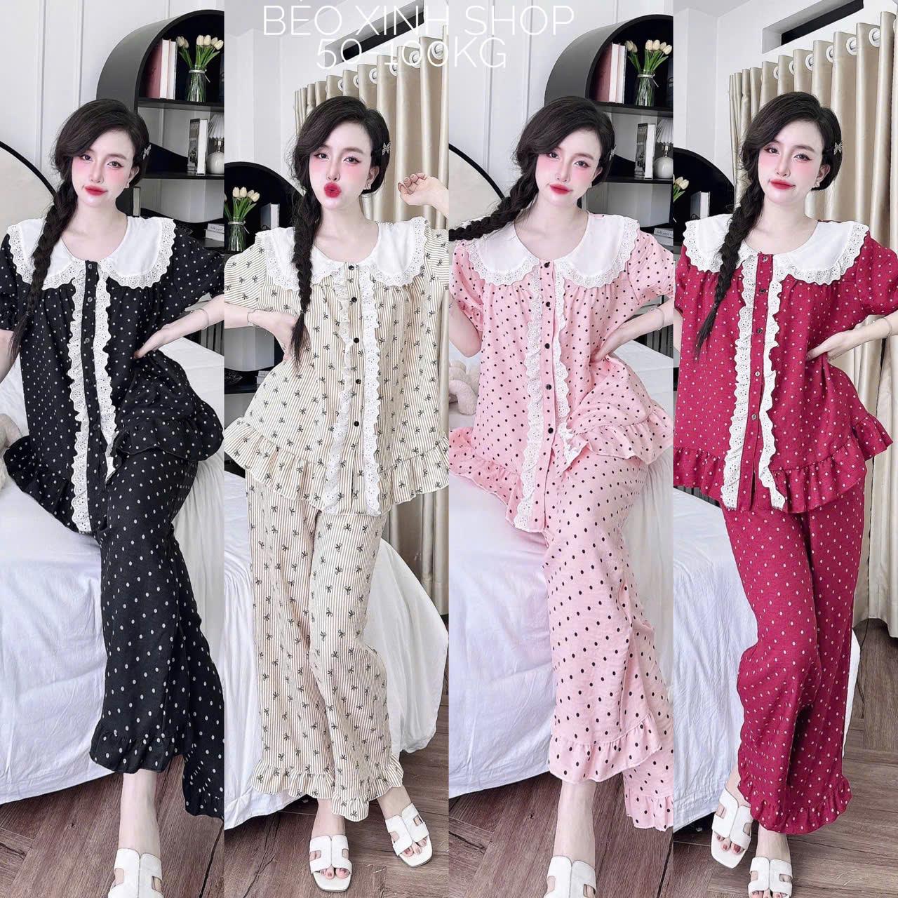 Đồ Bộ - Đồ Ngủ Quần Áo Vải Vân Mây Phối Ren Tiểu Thư Tay Ngắn Quần Dài Pijama Bigsize 50-100kg Mặc Cực Thích Nữ Pants Lịch Quần Ngủ - A.5445