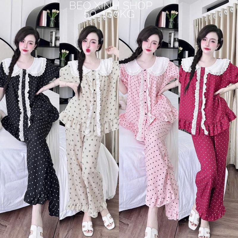 Đồ Bộ - Đồ Ngủ Quần Áo Vải Vân Mây Phối Ren Tiểu Thư Tay Ngắn Quần Dài Pijama Bigsize 50-100kg Mặc Cực Thích Nữ Pants Lịch Quần Ngủ - A.5445
