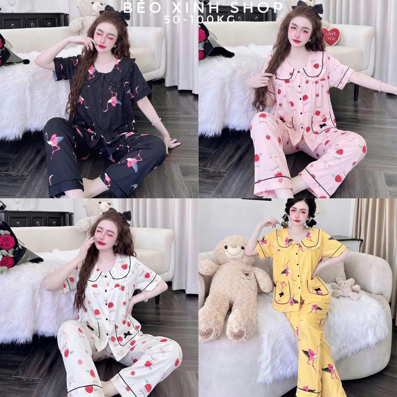 Đồ Bộ - Đồ Ngủ Tay Ngắn Quần Dài Vải Lụa Nhật Phối Cổ Sen Tiểu thư Pijama Bigsize 50-100kg Bộ Ngủ Nữ Áo Ngủ Women Quần Ngủ - A.5451
