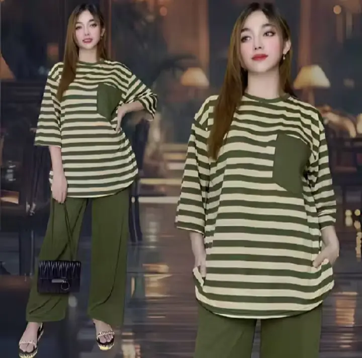 BISMILLAH ONESET ATASAN OVAL KANTONG DADA LD 120 VISTATERRY MOTIF SALUR celana karet wanita setelan baju basic Panjang Oversize