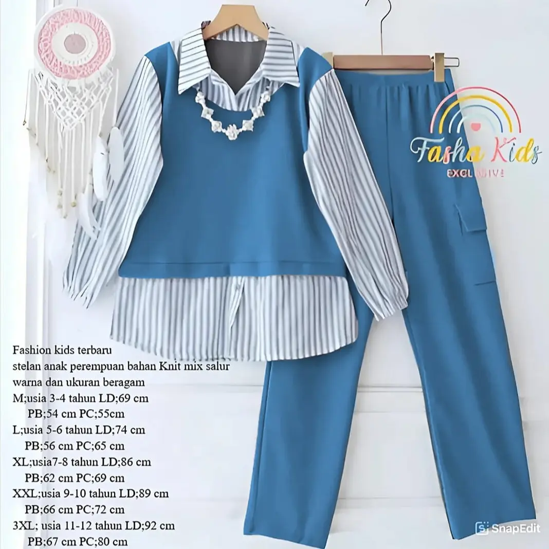 Set Celana Cargo Anak perempuan Manda Terbaru - Bahan Knit Mix Salur Premium - Fashion