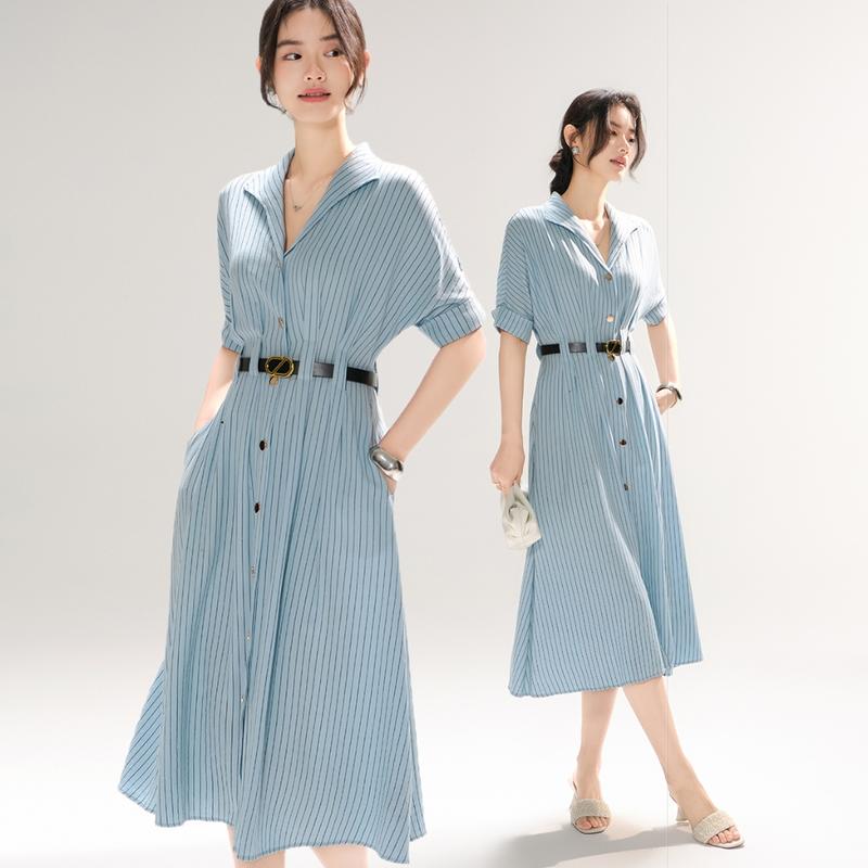 509-2 Đầm sơ mi dài dáng xoè kẻ sọc xanh cổ bẻ tay ngắn – đầm công sở nữ thanh lịch trẻ trung cao cấp