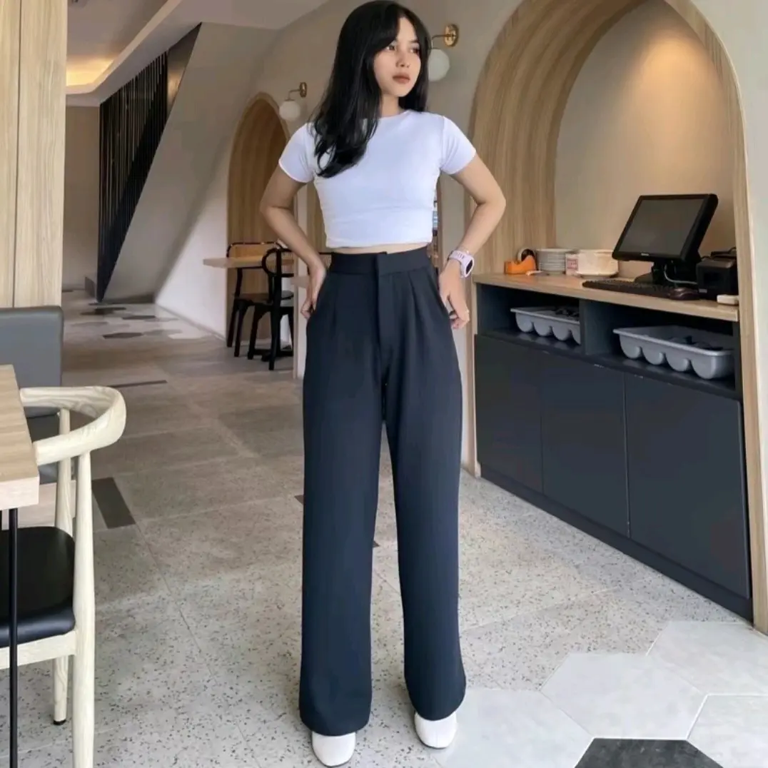 jossellyn.co-(Ready siap kirim)Cozie Knit Pants Celana Highwaist Panjang Wanita Kulot Rib Premium/Celana Panjang Korean Style Anti Kusut Kulot Basic Pinggang Karet Kulot Standar Melar Hitam Loose