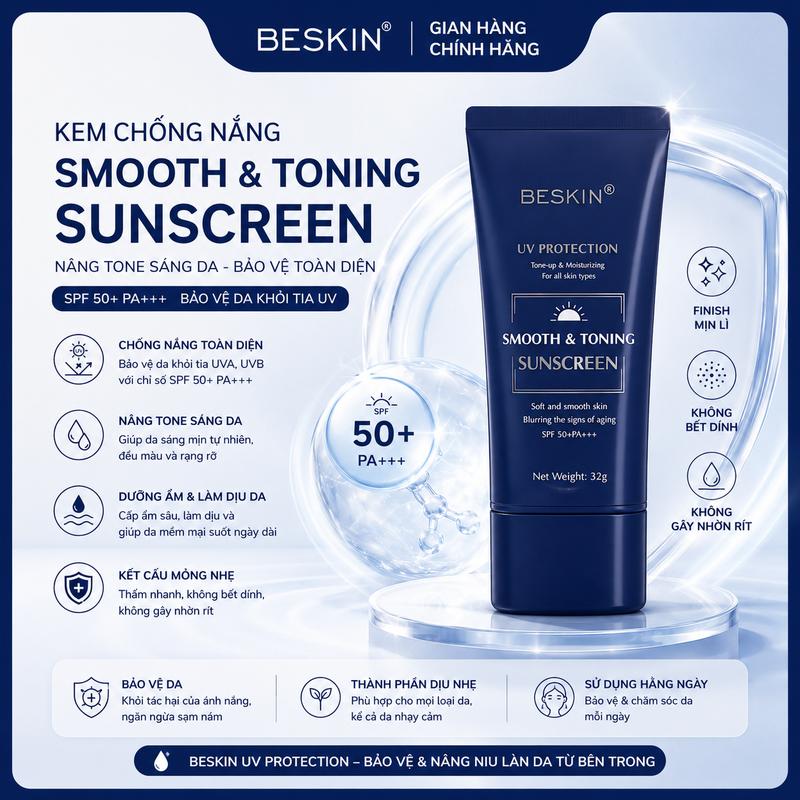 [ĐỘC QUYỀN] "KEM CHỐNG NẮNG PHỔ RỘNG "SMOOTH & TONING SUNSCREEN" SPF 50+ PA+++" - Dung tích: 32g - Thương Hiệu: Beskin - Skincare Sun Cream Chăm Sóc Da Whitening