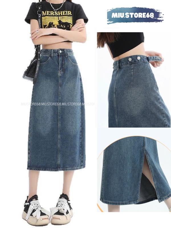 Chân Váy Chữ A Dáng Dài, Có Nút Cài Tăng Chỉnh Eo, Chân Váy Jean Lưng Cao Vải Mềm Cao Cấp M014 Women Voan Voi