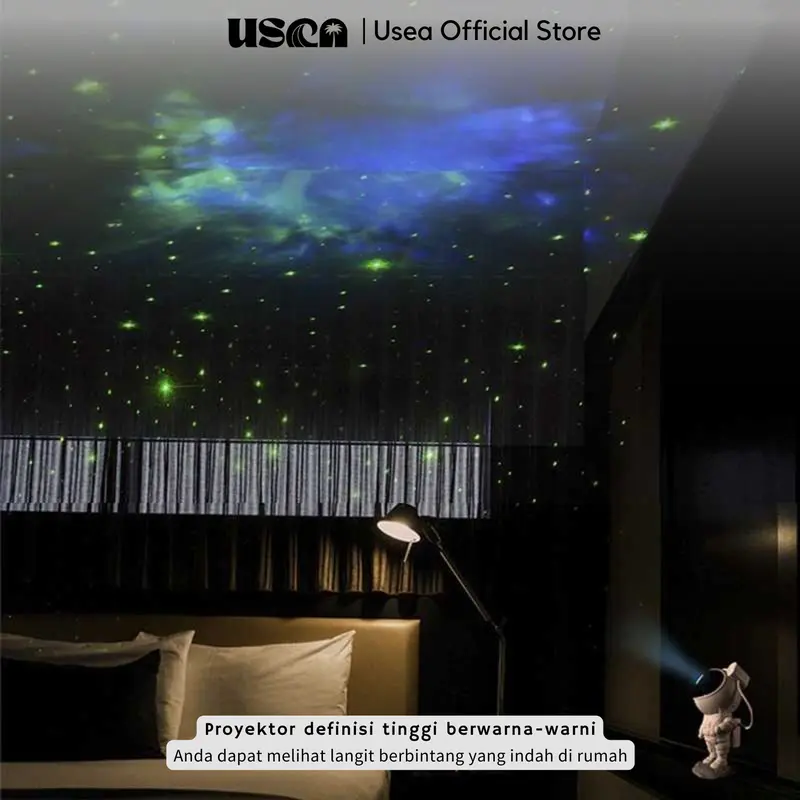 USEA Lampu Tidur Proyektor Bintang Galaxy 8 Warna Nebula Astronaut / Astronot Baterai Hitam Lampu Langit Galaxy Kamar Aurora 1