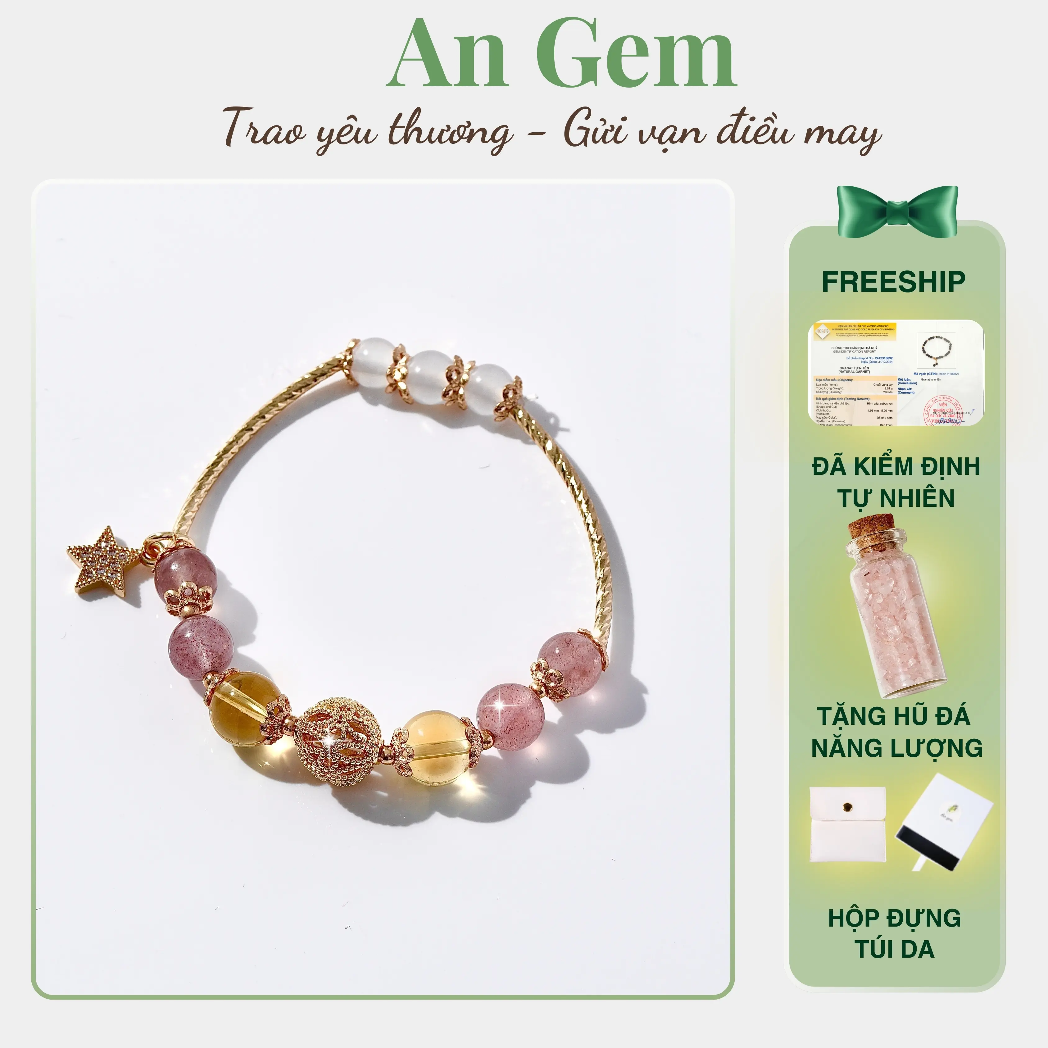 Vòng tay phong thuỷ An gem đá Dâu tây hồng mix TA vàng phối charm, lắc tay nữ đá tự nhiên phụ kiện tinh tế quà tặng sinh nhật giáng sinh Noel Tết Valentine [TẶNG HŨ ĐÁ NĂNG LƯỢNG]