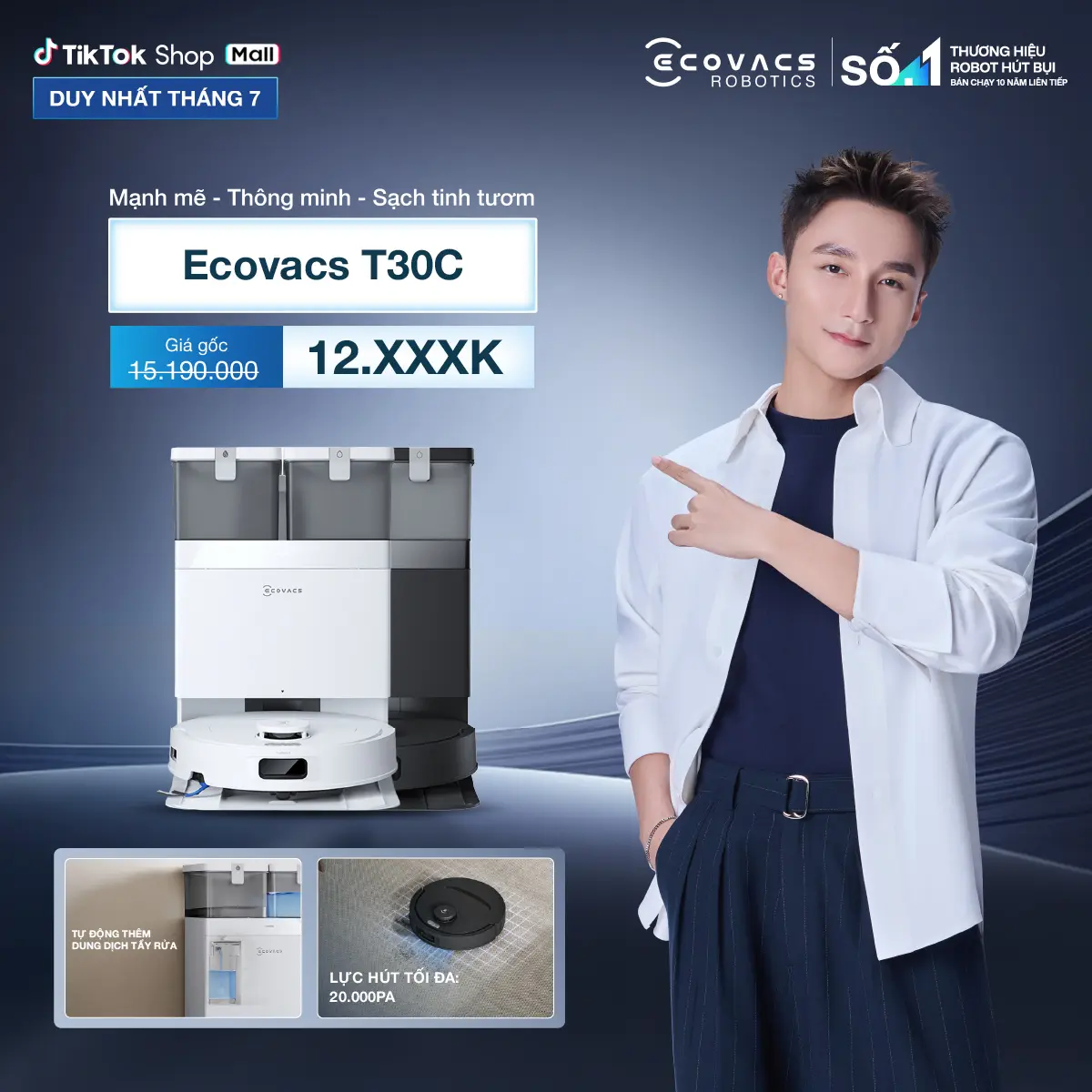 Ecovacs Deebot T30C 2026 Robot hút bụi lau nhà | Lực hút 20000Pa | Chống rối ZeroTangle 3.0 | Giặt giẻ nước nóng