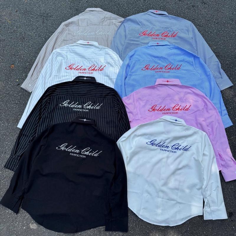 Áo sơ mi nam tay dài hình thêu GOLDEN CHILD tà vạt bầu dáng rộng nam nữ basic striped shirt hàn quốc Menswear Cổ Tròn