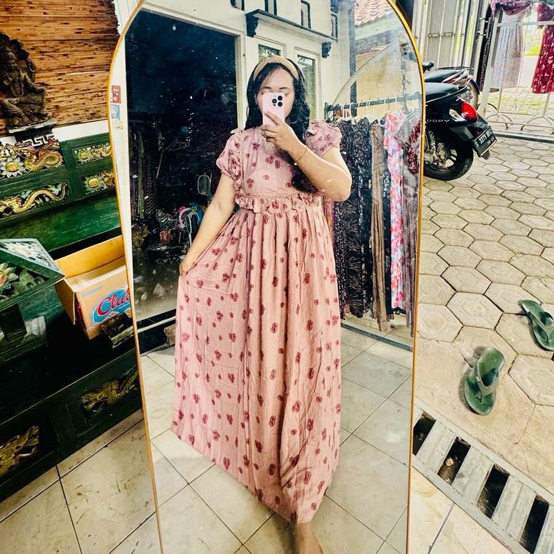 Daster Wanita Ara Log Busui Frenly Renda Rimpel Panjang 135cm - Arab, Pendek, Dress, Bumil, Kancing, Rempel, Rayon, Balon, Motif 4