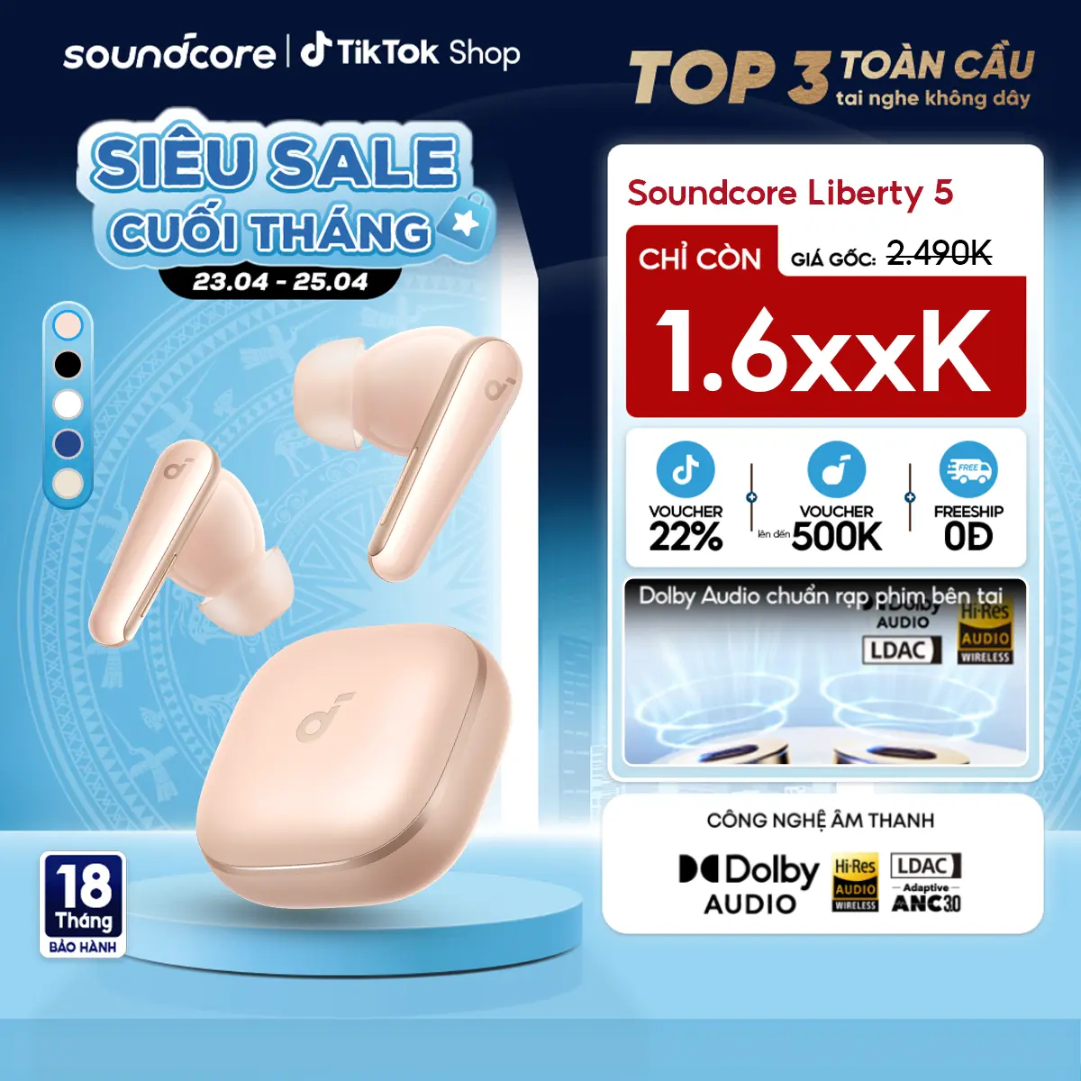 Tai nghe bluetooth Soundcore Liberty 5| Chống ồn ANC 3.0| Công nghệ Dolby Audio| Dịch thuật AI trên App| 10 phút= 5 giờ nghe- Tai nghe không dây- Tai nghe bluetooth pin trâu -Bảo hành 18 tháng- Hàng chính hãng