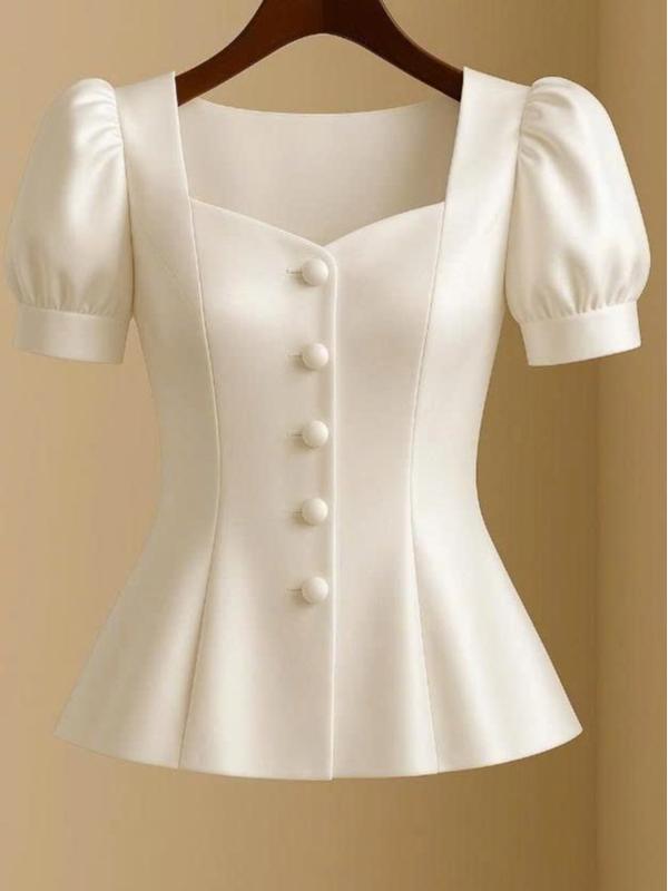  Áo Nữ Phong Cách Trẻ Trung Hiện Đại Áo Tay Bồng Bo Gấu Áo Sơ Mi Cổ Vuông Top Women Mã QT30 