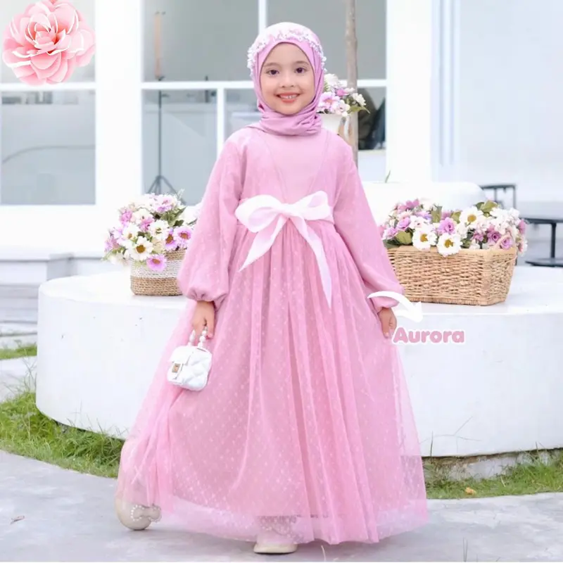 Gamis anak perempuan muslim mewah terbaru gaun putih mutiara panjang tile lebaran Ladys Kid Pita Baju Dress 4